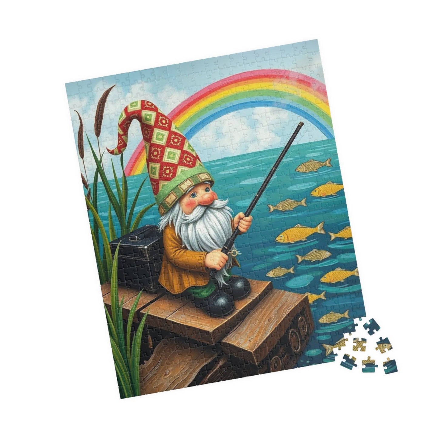 Gnome Fishing by Lake – Whimsical Folk Art Lakeside Jigsaw Puzzle 520 pcs (Vertical) Puzzle The Puzzle Chest