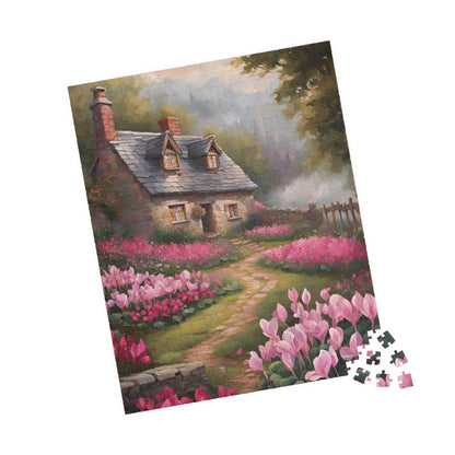 Enchanted Stone Cottage Puzzle, Thatched Roof Home Blooming Cyclamen Meadow, Idyllic Countryside Pink Purple Floral Landscape Game, Giftable Puzzle The Puzzle Chest