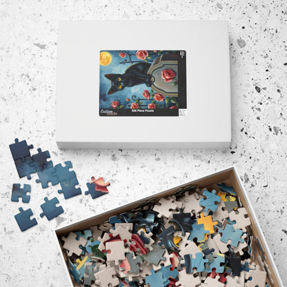 Graveyard Night Stalker Jigsaw Puzzle - Black Cat on Moonlight Gravestone, Halloween Game, Gift for Cat Lover, Challenging Family Activity