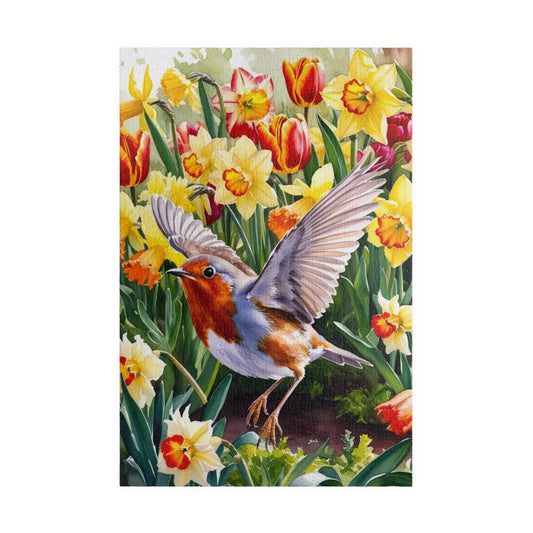 Robin Bird Flying Garden Puzzle, Tulips Daffodils Spring Landscape Jigsaw, 110 252 520 1014 Piece Game, Relaxation Hobby Gift, Nature 1014 pcs (Vertical) Puzzle The Puzzle Chest