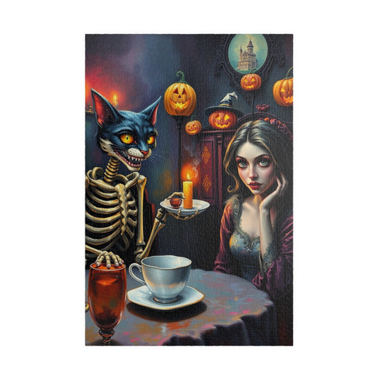 Whimsical Halloween Puzzle - Skeleton Cat Gothic Art, Spooky Gift, Family or Solo Fun, Halloween Decor, Unique Challenges, Holiday Activity 1014 pcs (Vertical) Puzzle The Puzzle Chest