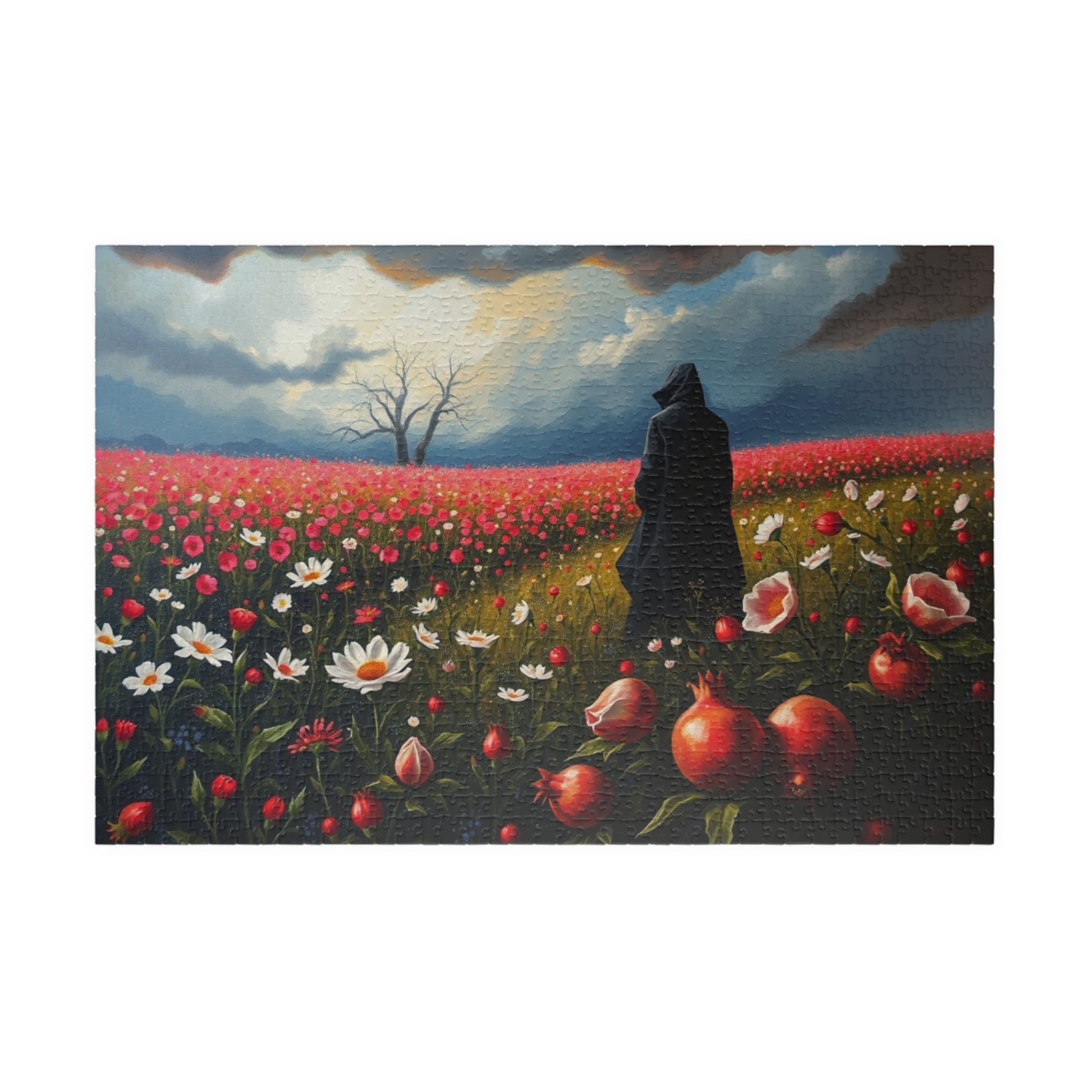 Gothic Jigsaw Puzzle, Lone Dark Figure in Blooming Flower Field, Challenging Puzzle for Adult, Artistic Activity Mindfulness Gift for Friend 1014 pcs (Horizontal) The Puzzle Chest