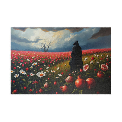 Gothic Jigsaw Puzzle, Lone Dark Figure in Blooming Flower Field, Challenging Puzzle for Adult, Artistic Activity Mindfulness Gift for Friend 1014 pcs (Horizontal) The Puzzle Chest