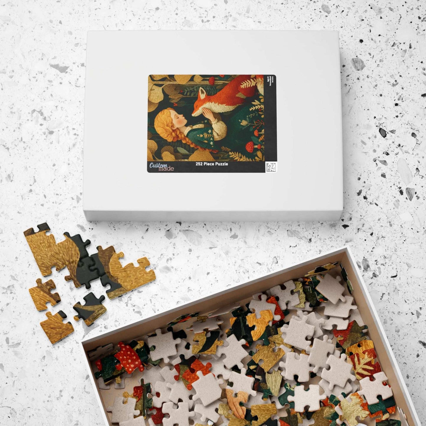 Woodland Clearing Jigsaw Puzzle – Red Fox, Girl in Green Dress, Autumn Forest Scene Puzzle The Puzzle Chest