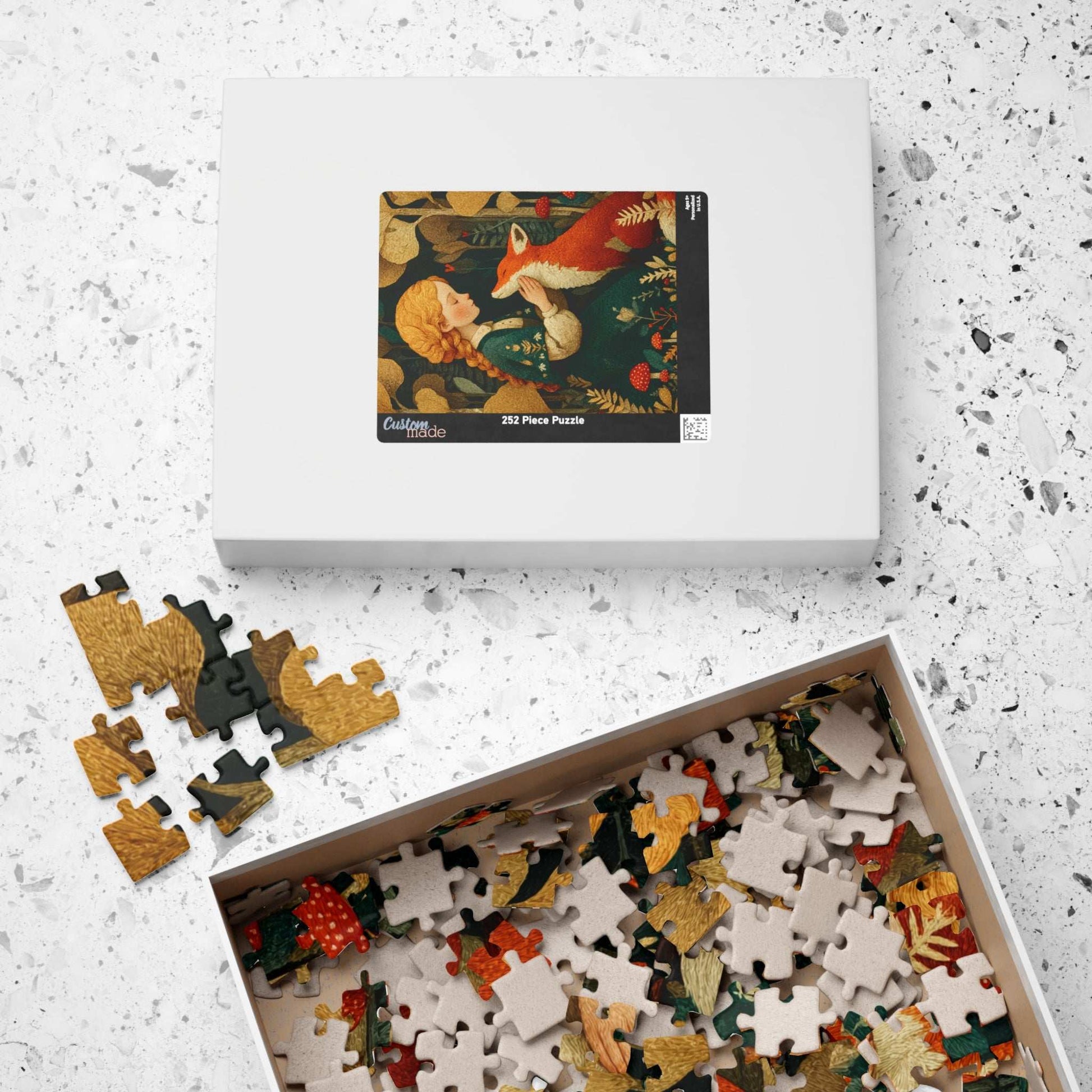 Woodland Clearing Jigsaw Puzzle – Red Fox, Girl in Green Dress, Autumn Forest Scene Puzzle The Puzzle Chest