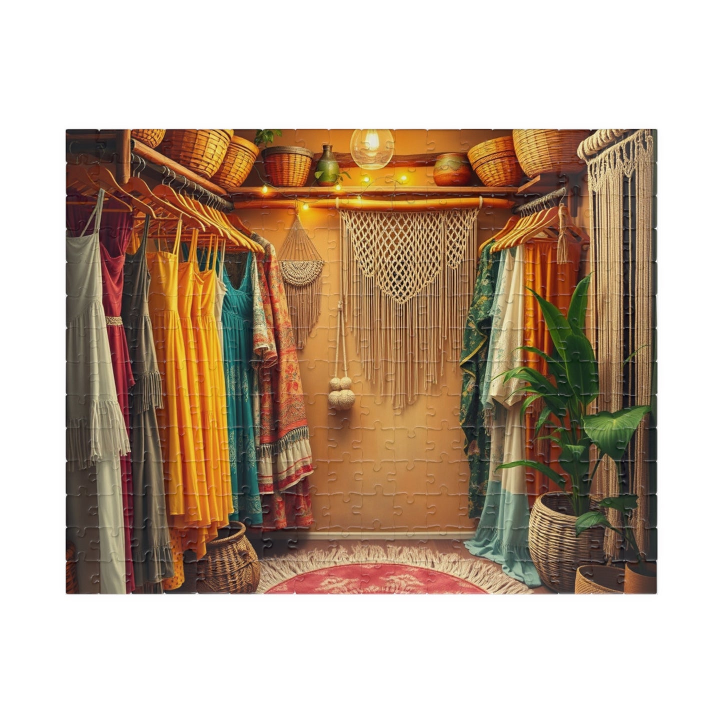 Boho Chic Closet Jigsaw Puzzle, Rustic Fashion Wardrobe with Dresses Plants and Accessories Game, Dreamy Womans Boutique, Puzzle Lover Gift