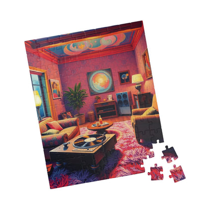 1970s Throwback Living Room Jigsaw Puzzle, Nostalgic Design: Turntable Lava Lamp Shag Rug Groovy Wallpaper, Quiet Pastime, Puzzle Lover Gift