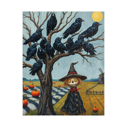 Feathered Frenzy Jigsaw Puzzle - Scarecrow and Crows, Halloween Fun Family or Solo Activity, Fall Holiday Birthday Gift for Puzzle Lover