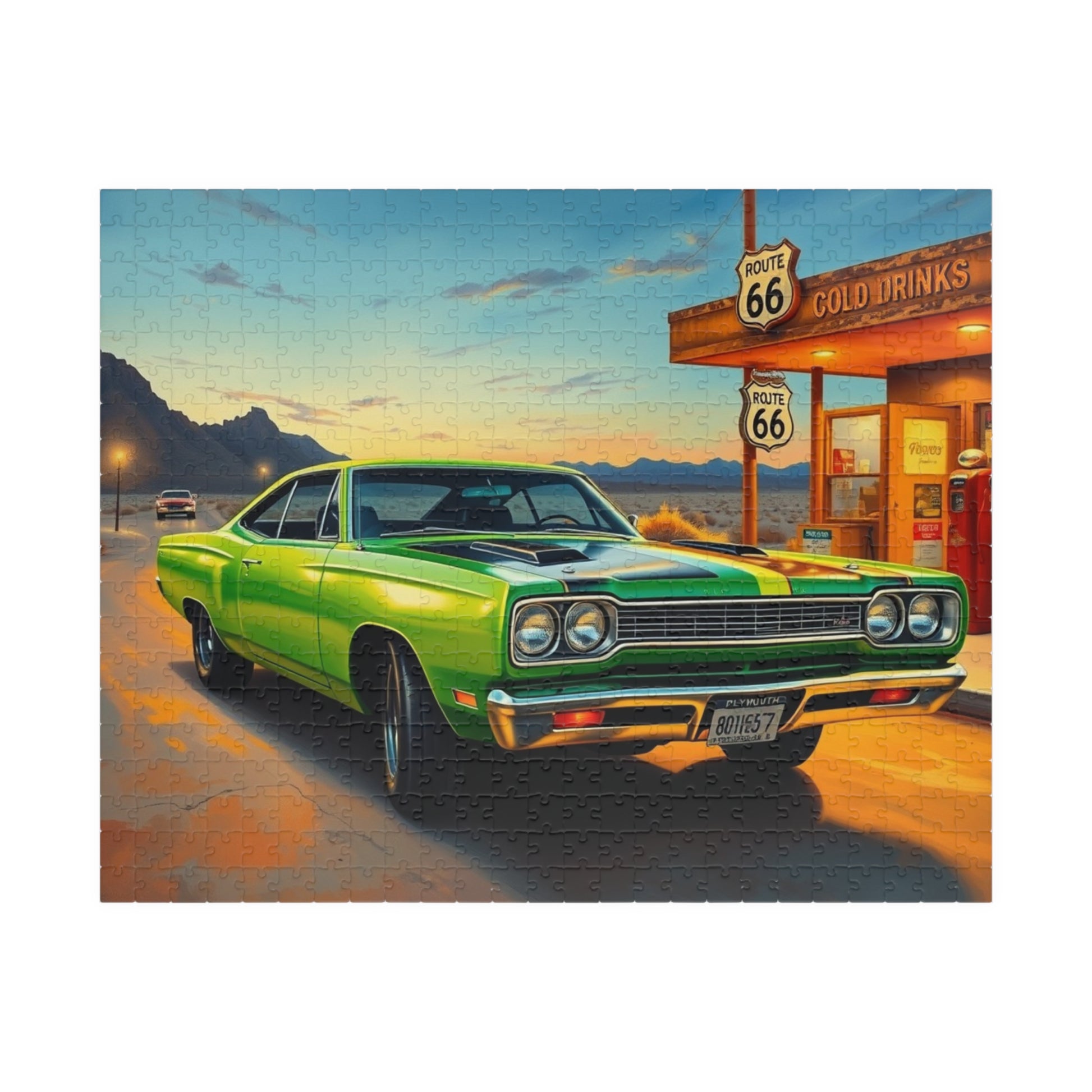 Vintage Route 66 Car Jigsaw Puzzle, Lime Green 1969 Plymouth Road Runner Nostalgic Gift for Car Lovers, Family Fun, Automobile Enthusiasts 520 pcs (Horizontal) Puzzle The Puzzle Chest