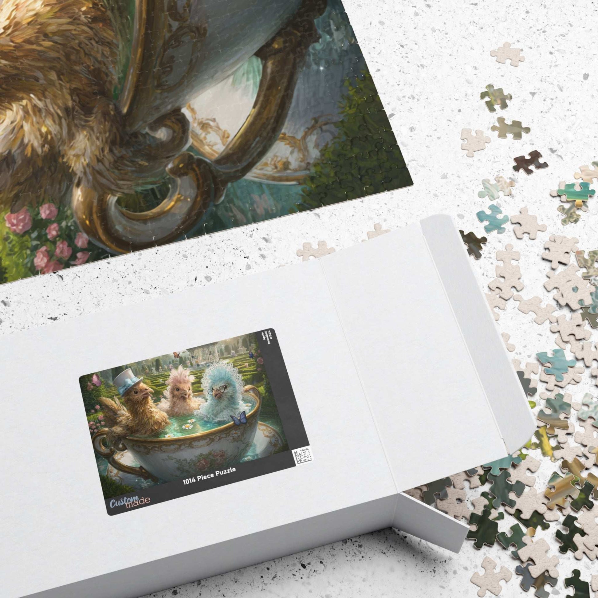 Whimsical Garden Tea Chicken Puzzle – Three Fancy Chickens in Giant Teacup Bath with Flowers, Fairy-Tale Farm Animal Jigsaw Puzzle The Puzzle Chest