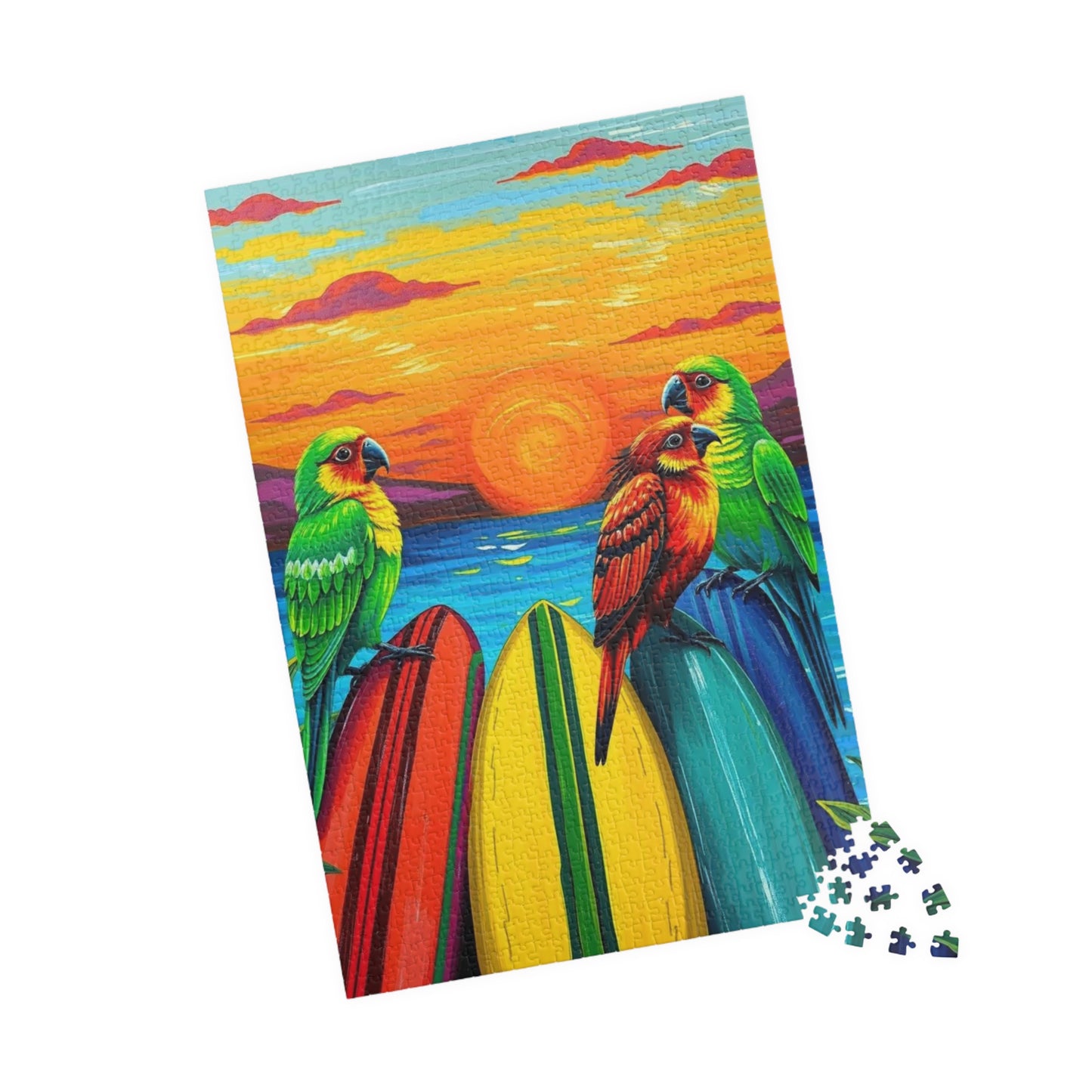 Colorful Surfing Parrots Puzzle, Vibrant Tropical Art Puzzle, Fun Family Activity, Best Gift for Nature Enthusiast, Bird Lover, Birdwatcher Puzzle The Puzzle Chest