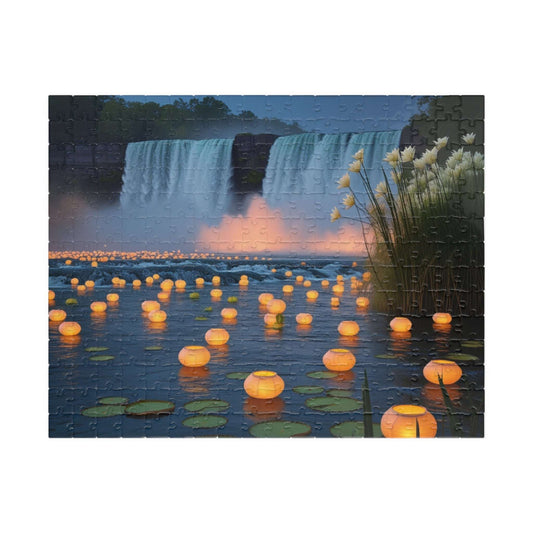 The Mighty Niagara Falls Landmark Jigsaw Puzzle, Nighttime Scene with Floating Lanterns and Lilies, Gift for Nature Lover, Puzzle Enthusiast 252 pcs (Horizontal) Puzzle The Puzzle Chest
