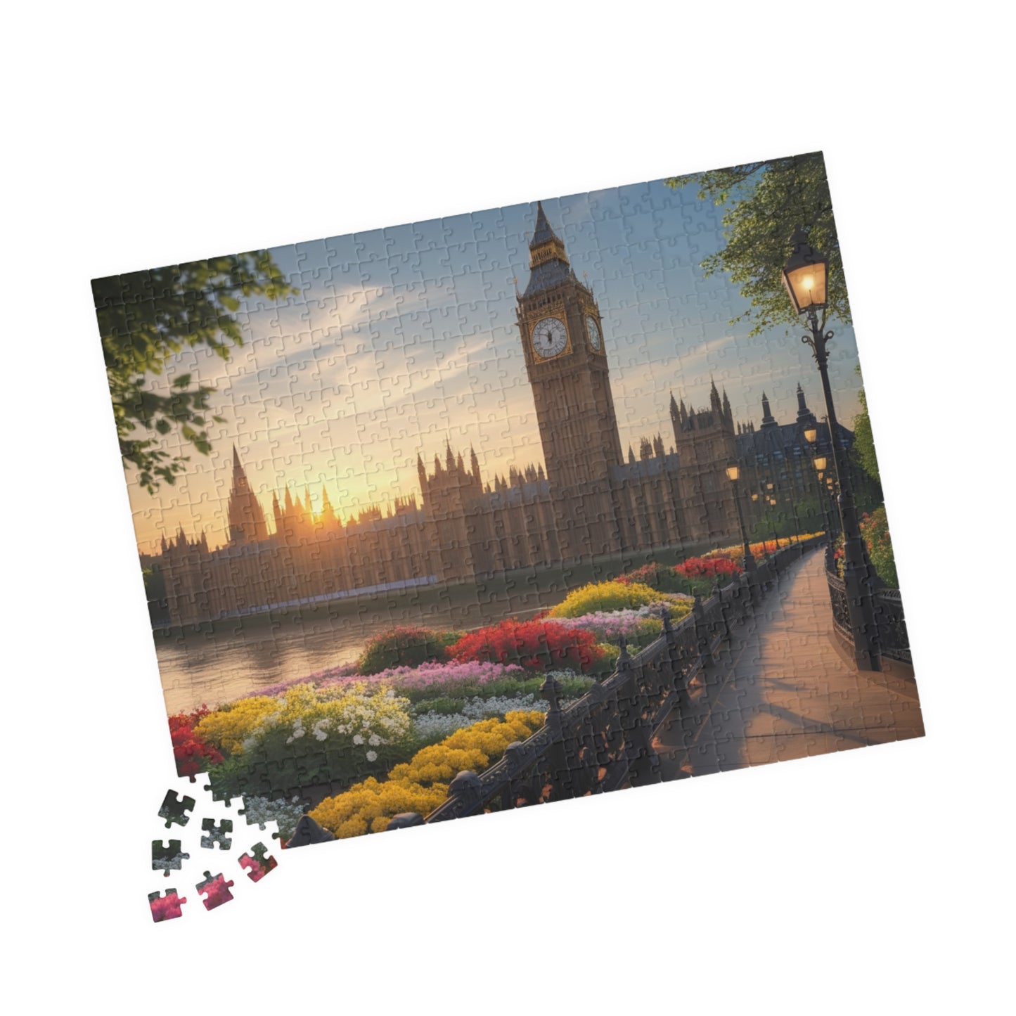 London Big Ben (Elizabeth Tower) Jigsaw Puzzle, Flowers Sunrise View Thames River, Puzzle Enthusiast Cityscape Lover Gift, Family Activity Puzzle The Puzzle Chest