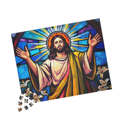 Religious Puzzle Art - Jesus in Stained Glass Style, 110-1014 Piece, Challenging Brain Teaser, Faith-Based Gift for Friends, Family Activity 520 pcs (Horizontal) Puzzle The Puzzle Chest