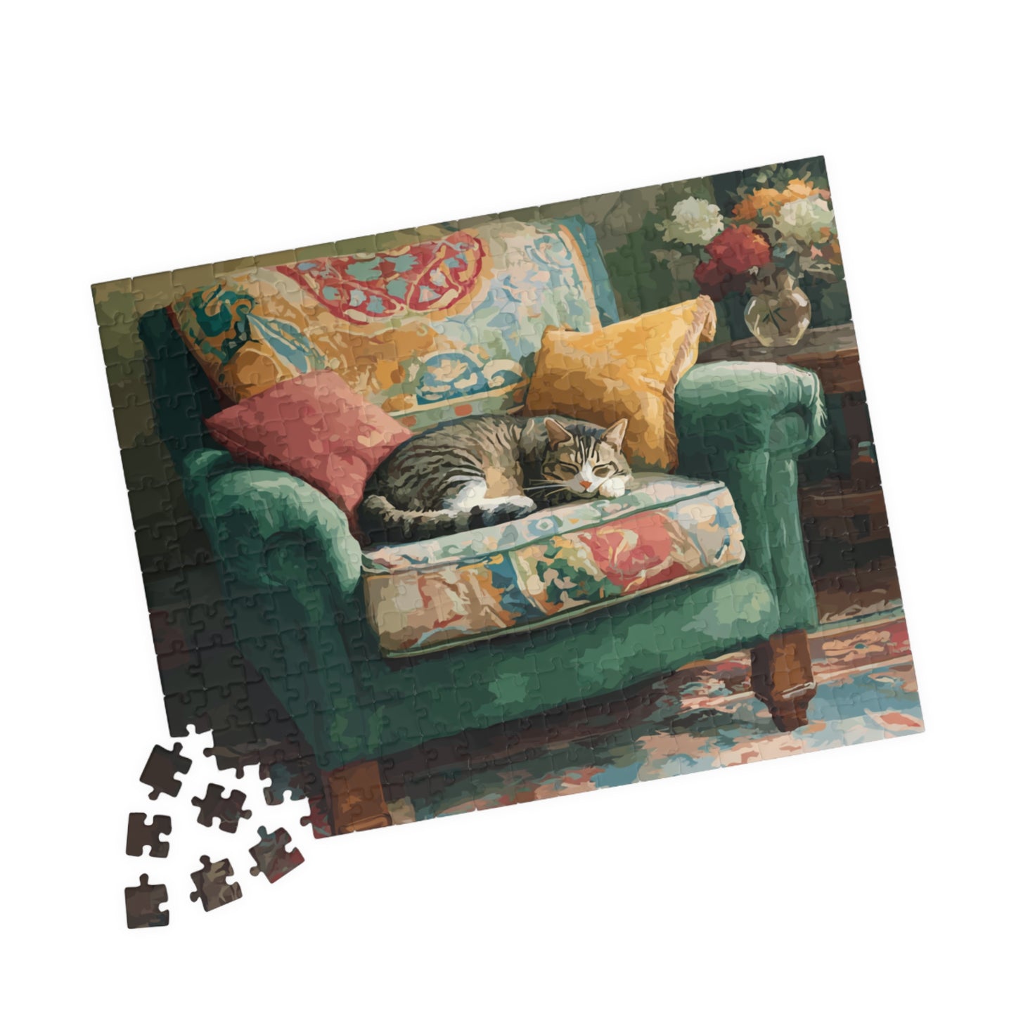 Cat and the Green Armchair – Cozy Interior Jigsaw Puzzle, Animal Theme Fauvist Cat Home Puzzle for Kitten Lover 252 pcs (Horizontal) Puzzle The Puzzle Chest