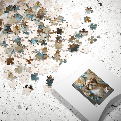 Jigsaw Puzzle - William Morris-Inspired Design with Shih Tzu and Peonies, 110, 252, 520, 1014-piece, Mind Teaser Brain Game Family Fun, Gift