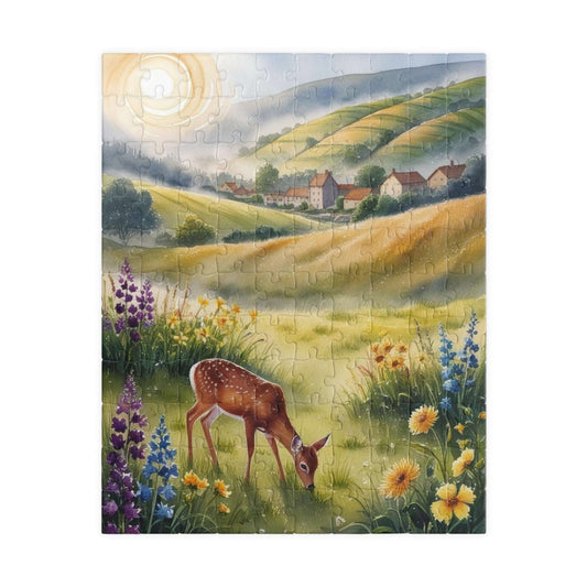 Serene Landscape Puzzle, Deer Grazing in Wildflower Field Jigsaw Game, Gift for Nature Lover, Family Night Mindfulness Activity Brain Teaser 110 pcs (Vertical) Puzzle The Puzzle Chest