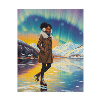 Aurora Borealis Puzzle - Black Woman Portrait, Cozy Afrocentric Winter Vibes, Ice Skating Scene, Family Fun, Gift for Puzzle Lover, Holidays