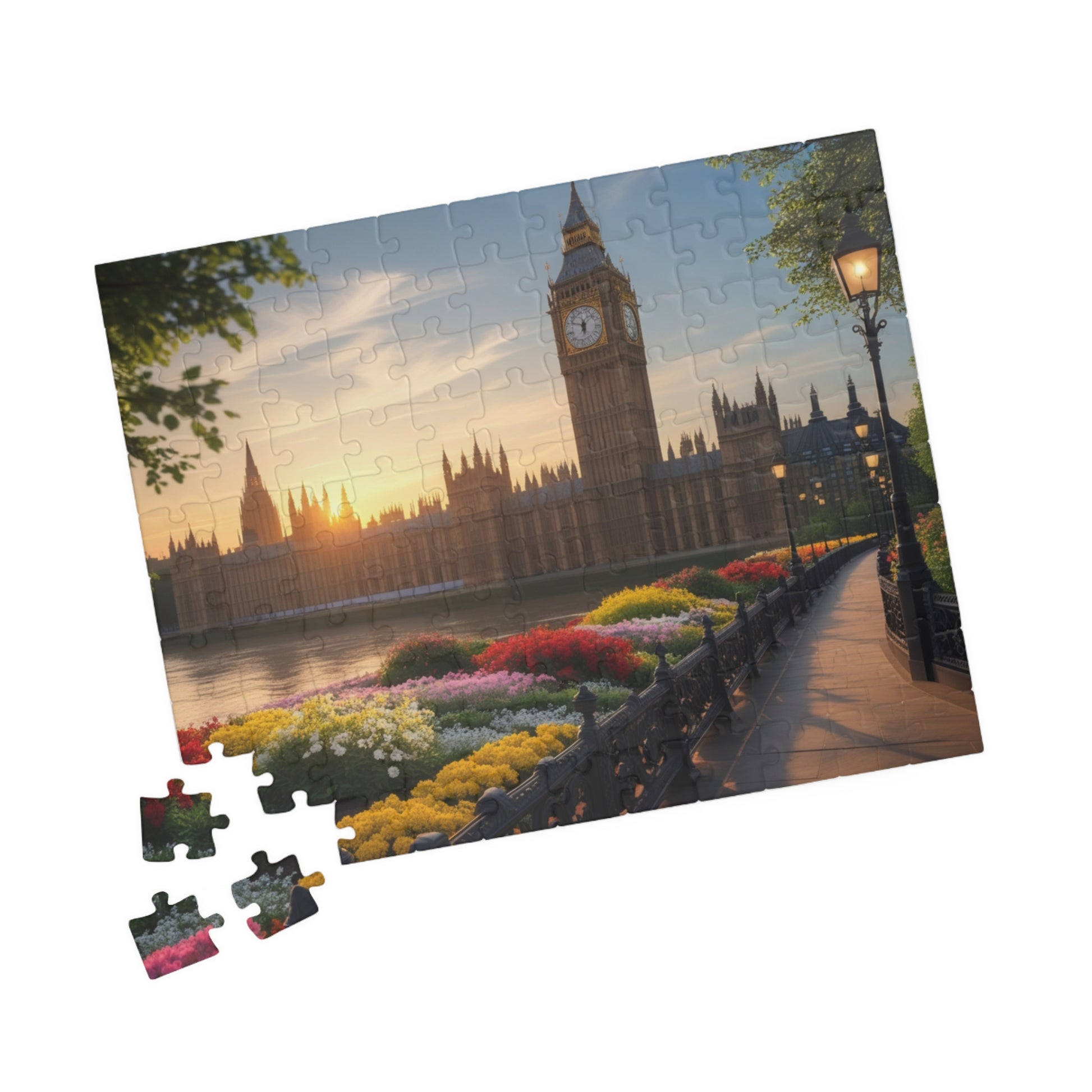 London Big Ben (Elizabeth Tower) Jigsaw Puzzle, Flowers Sunrise View Thames River, Puzzle Enthusiast Cityscape Lover Gift, Family Activity Puzzle The Puzzle Chest