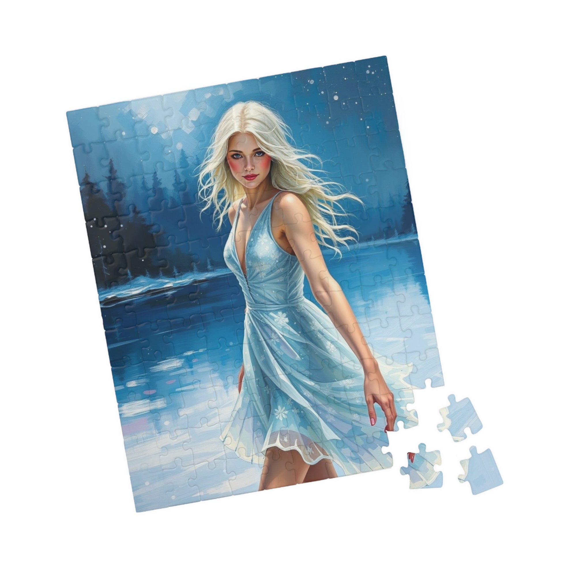 Puzzle - Ice Skating Woman on Frozen Lake, 110, 252, 520, 1014-piece Jigsaw, Sparkling Silver Skating Dress, Winter Activity, Relaxing Puzzle The Puzzle Chest