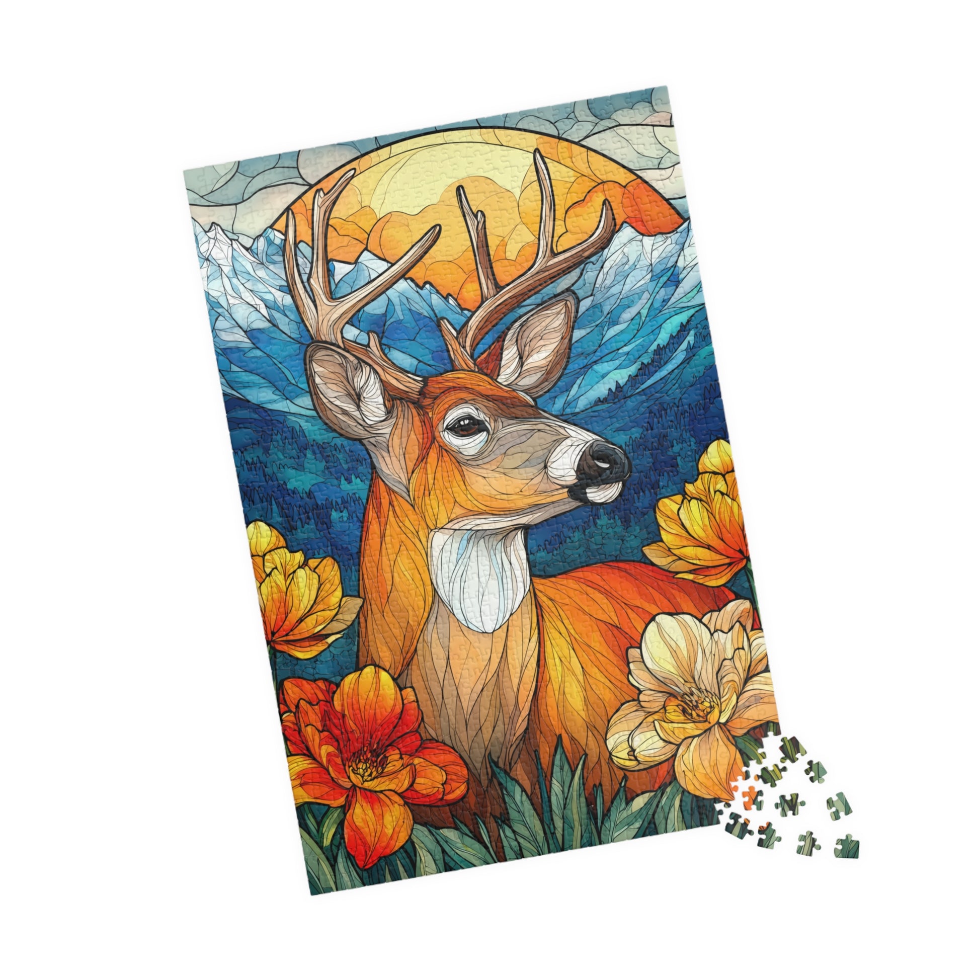 Stained Glass Deer Puzzle — Scenic Mountain & Wildflower Jigsaw (110–1014 pcs) Puzzle The Puzzle Chest