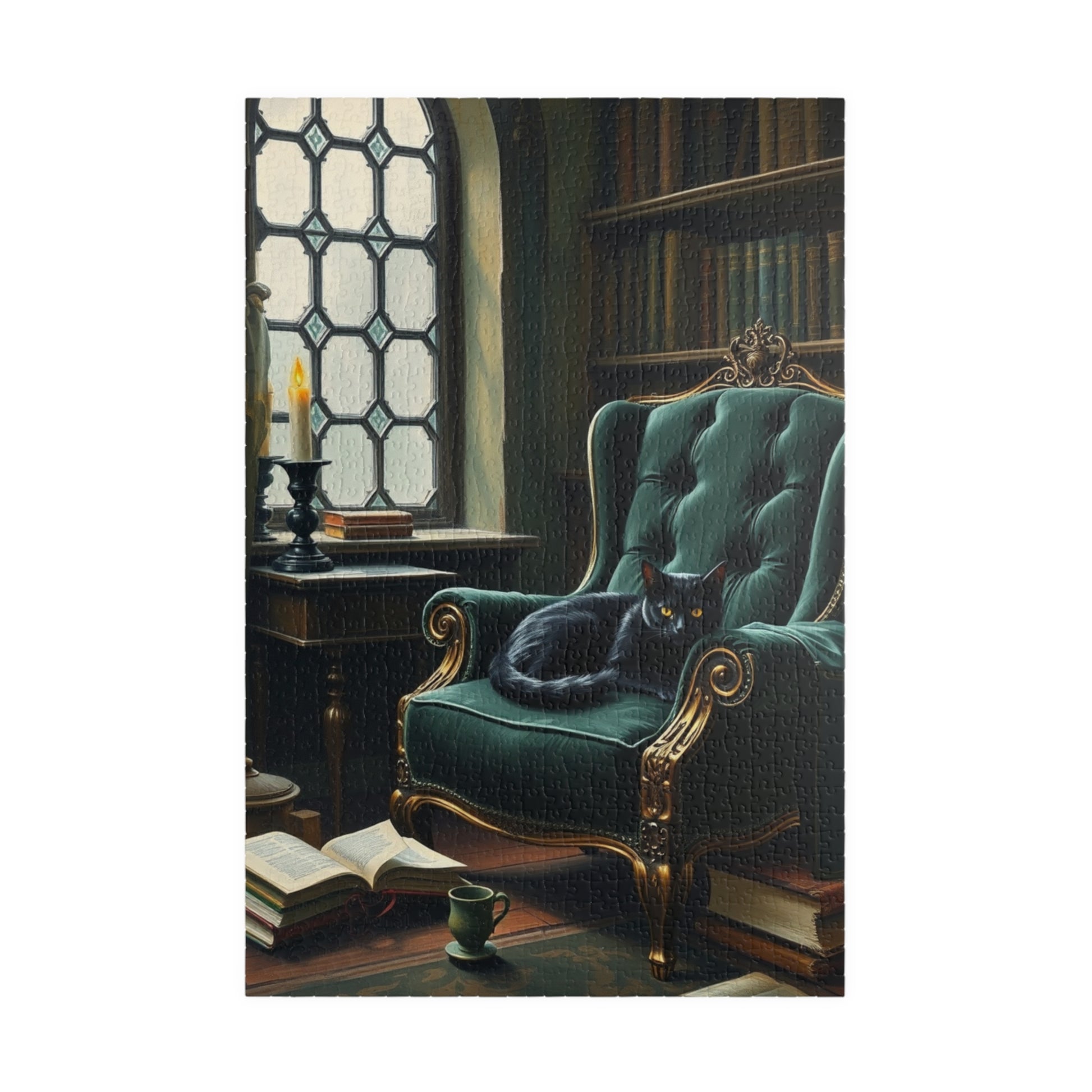 Cozy Gothic Cat Library Puzzle, 110/252/520/1014-Piece Solo Game, Gift Idea for Dark Fantasy Art Enthusiast and Cat Lover, Relaxing Activity 1014 pcs (Vertical) Puzzle The Puzzle Chest