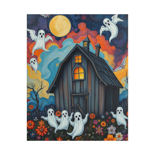 Boo In Bloom Jigsaw Puzzle - Spooky Halloween Haunted House, 110-520 Piece Jigsaw Ghostly Theme, Family Fun Activity, Trick-or-Treat Gift