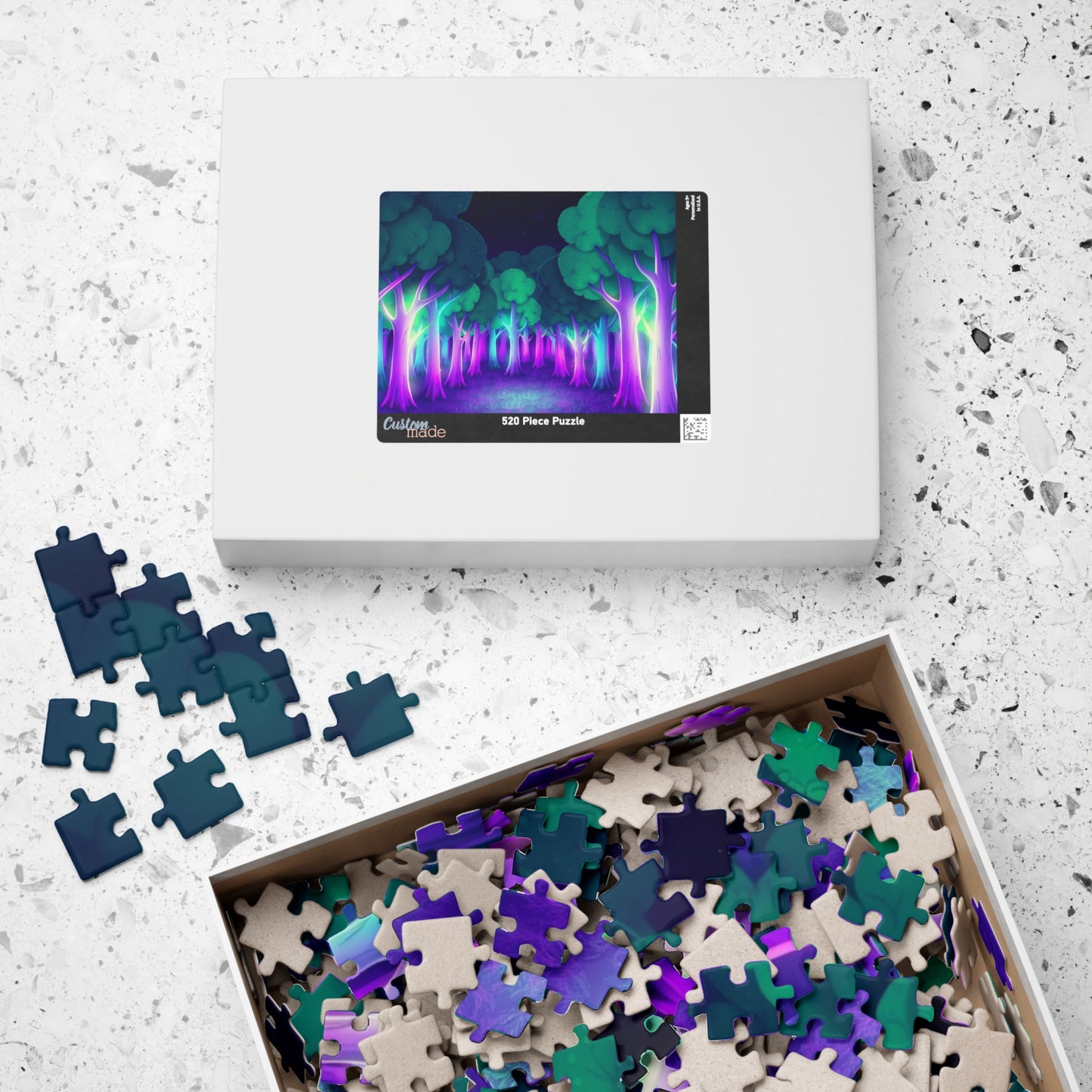 Abstract Forest Landscape Jigsaw Puzzle, Glowing Purple Green Neon Trees, Fantasy Art Puzzle Lover, Quiet Time Leisurely Activity, Fun Hobby Puzzle The Puzzle Chest