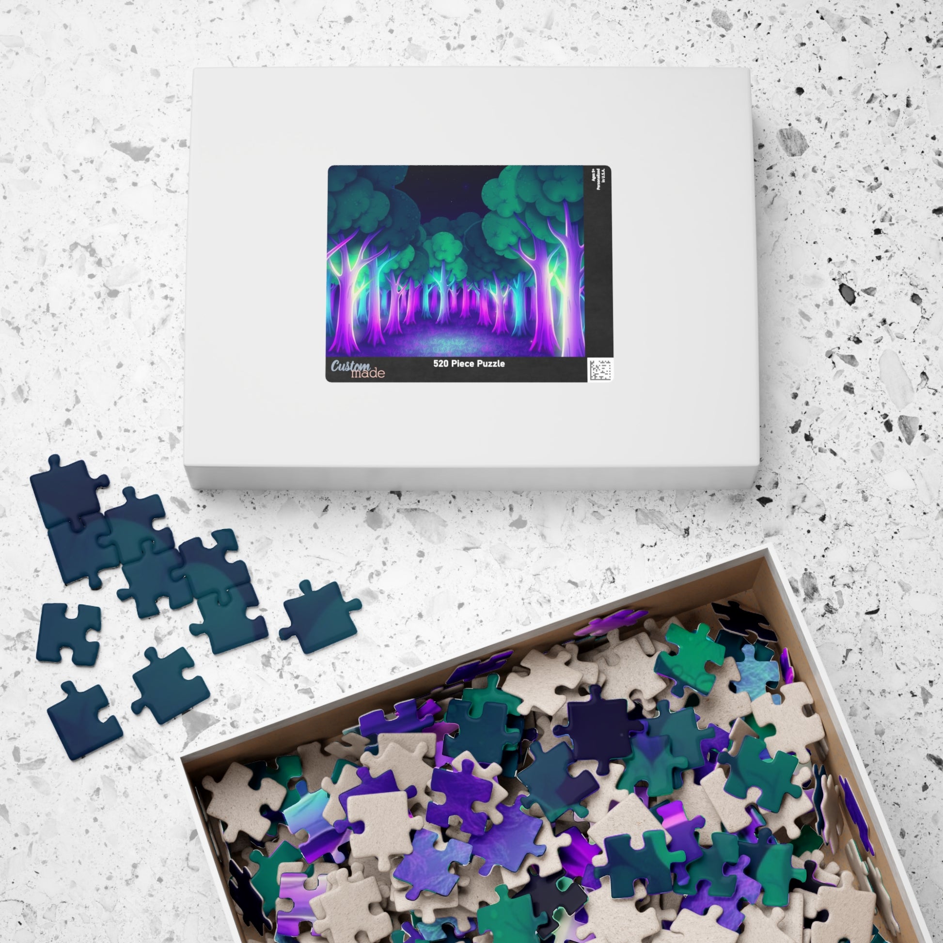 Abstract Forest Landscape Jigsaw Puzzle, Glowing Purple Green Neon Trees, Fantasy Art Puzzle Lover, Quiet Time Leisurely Activity, Fun Hobby Puzzle The Puzzle Chest