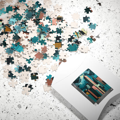 Abstract Cityscape Jigsaw Puzzle - Metallic Pastel Teal Geometric Shapes Puzzle The Puzzle Chest