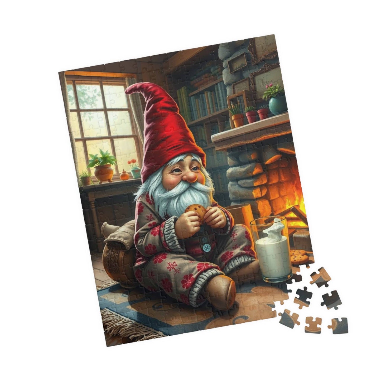 Gnome Pajama Snack – Cozy Cottage Fireplace Milk and Cookies Jigsaw Puzzle 252 pcs (Vertical) Puzzle The Puzzle Chest