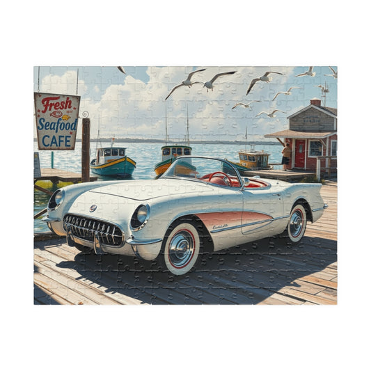 Vintage Muscle Car Jigsaw Puzzle, Classic White 1954 Chevrolet Corvette, Nostalgic Coastal Harbor Scene, Puzzle Lover Gift for Him, Mindful 252 pcs (Horizontal) Puzzle The Puzzle Chest