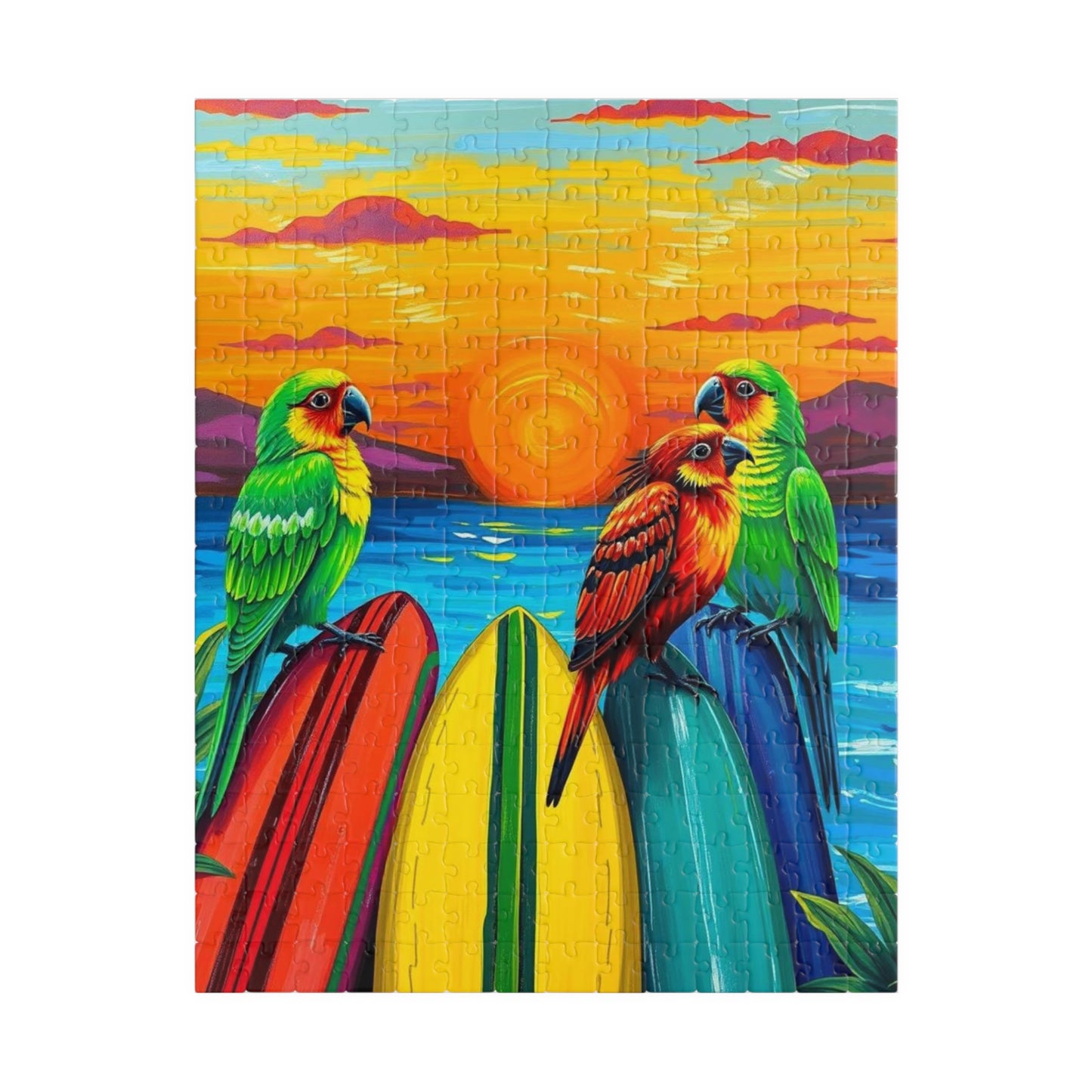 Colorful Surfing Parrots Puzzle, Vibrant Tropical Art Puzzle, Fun Family Activity, Best Gift for Nature Enthusiast, Bird Lover, Birdwatcher 252 pcs (Vertical) Puzzle The Puzzle Chest
