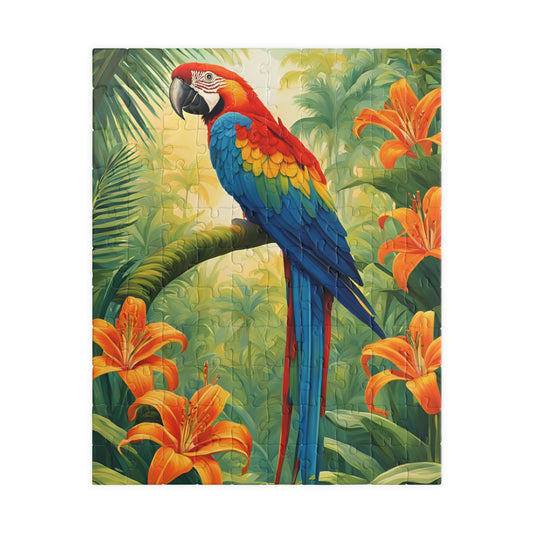 Colorful Parrot Puzzle, Tropical Jungle and Tiger Lilly Flower Scene, Nature-Inspired Jigsaw Game, Best Unique Bird Lover Gift, Mindfulness 110 pcs (Vertical) Puzzle The Puzzle Chest