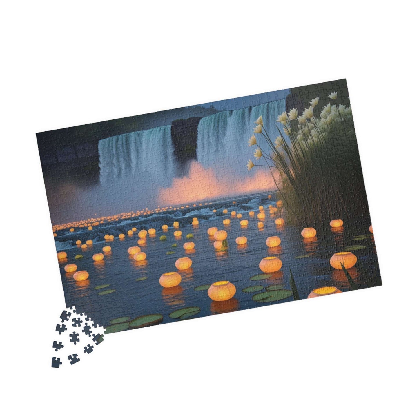The Mighty Niagara Falls Landmark Jigsaw Puzzle, Nighttime Scene with Floating Lanterns and Lilies, Gift for Nature Lover, Puzzle Enthusiast Puzzle The Puzzle Chest