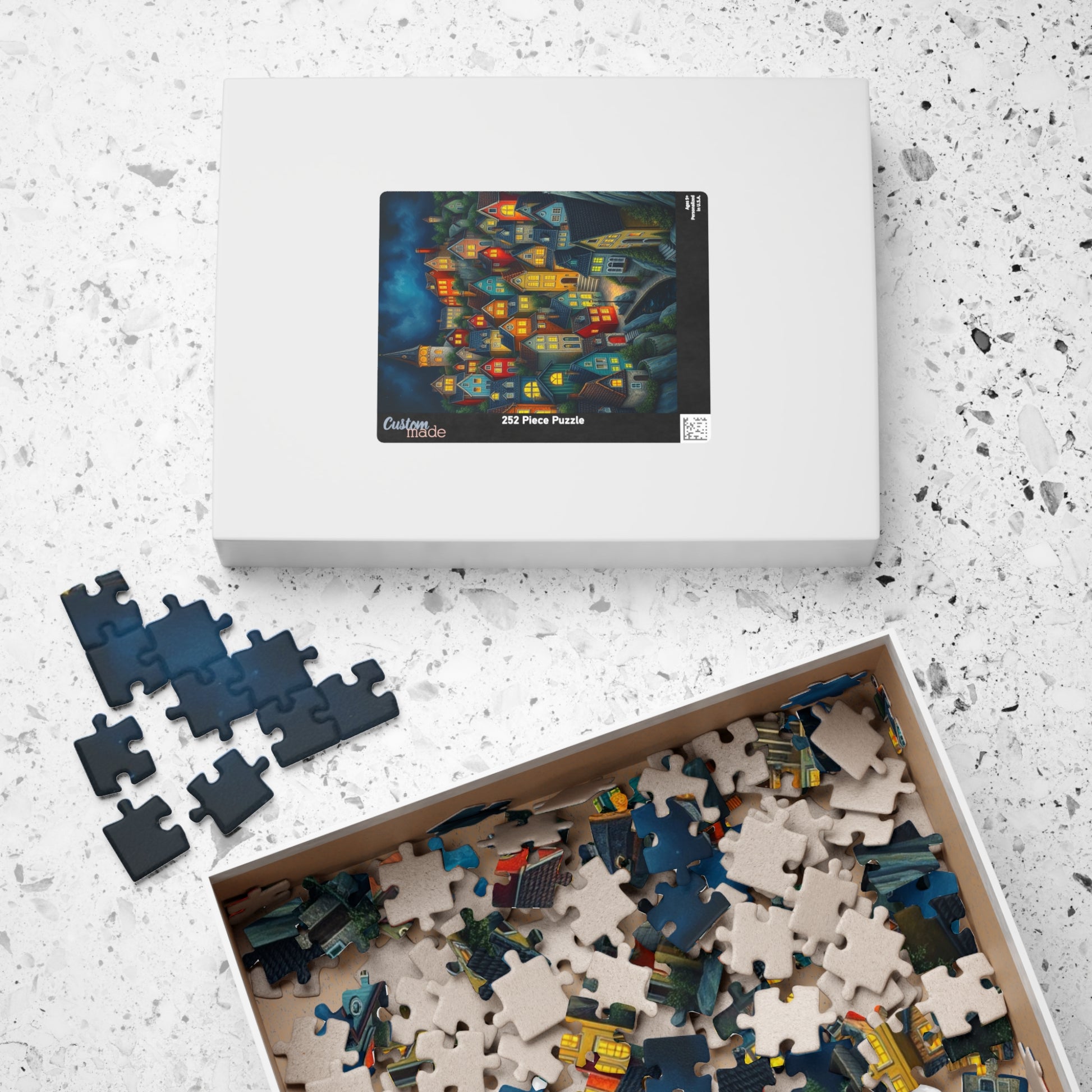 Village Puzzle at Night with Colorful Houses and Glowing Windows, Nighttime Adult Jigsaw Game, Bioluminescent Town The Puzzle Chest
