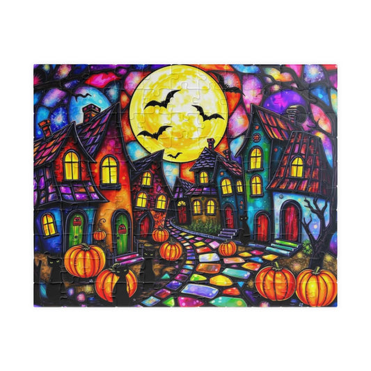 Spooky Night Village Jigsaw Puzzle, Halloween Themed Black Cat Puzzle Stained Glass Style
