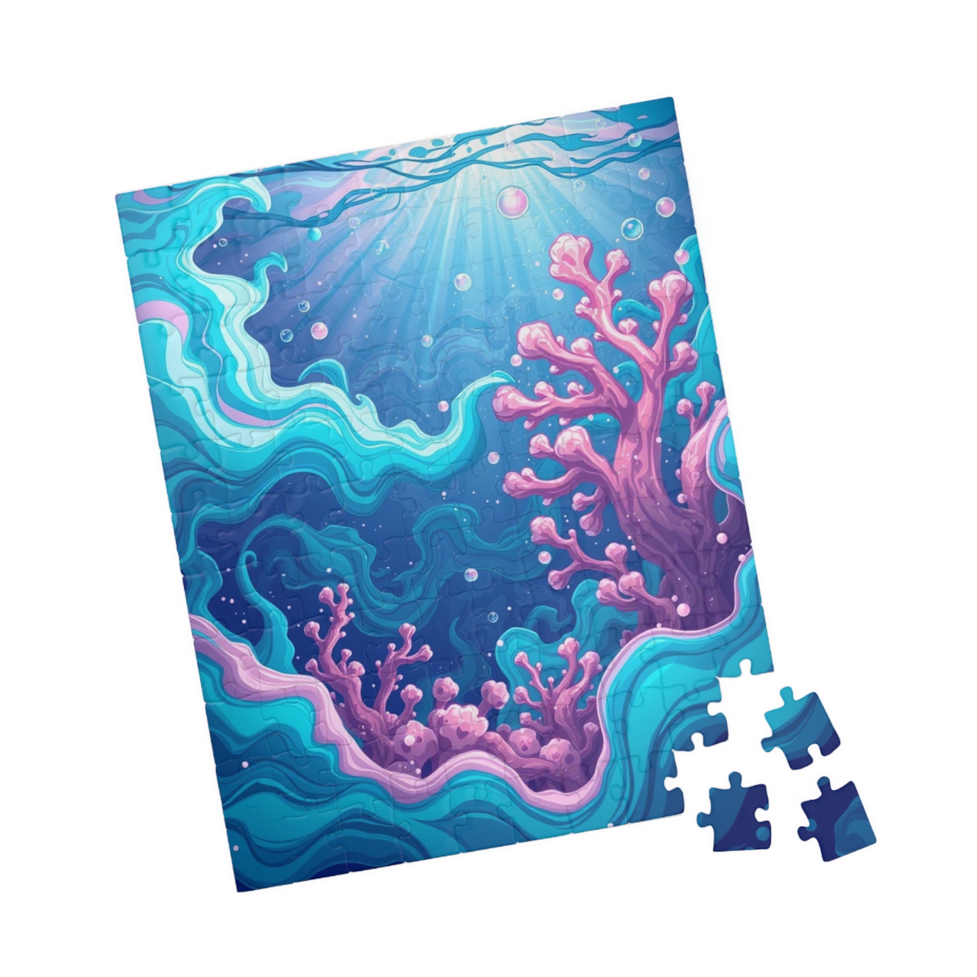 Abstract Underwater Scene Puzzle - Teal Aqua Pink Waves Coral Bubbles Light Beams Jigsaw Game Puzzle The Puzzle Chest