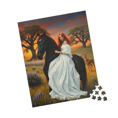Puzzle, Woman with Vibrant Red Hair and White Flowing Dress Rides a Black Stallion, Jigsaw, Game, Brain Teaser, Activity, Relaxation, Home Puzzle The Puzzle Chest