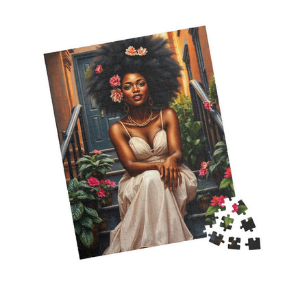 Artistic Jigsaw Puzzle: Beautiful Black Woman with Flowers, Perfect Afrocentric Gift for Puzzle Lovers, Relaxing Activity, Fun Family Game