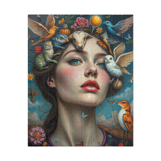 Surreal Self Portrait Jigsaw Puzzle, 110/252/520/1014 Piece, Frida Kahlo Inspired, Dreamlike Animals & Nature, Gift for Art Lovers, Mindful 110 pcs (Vertical) Puzzle The Puzzle Chest