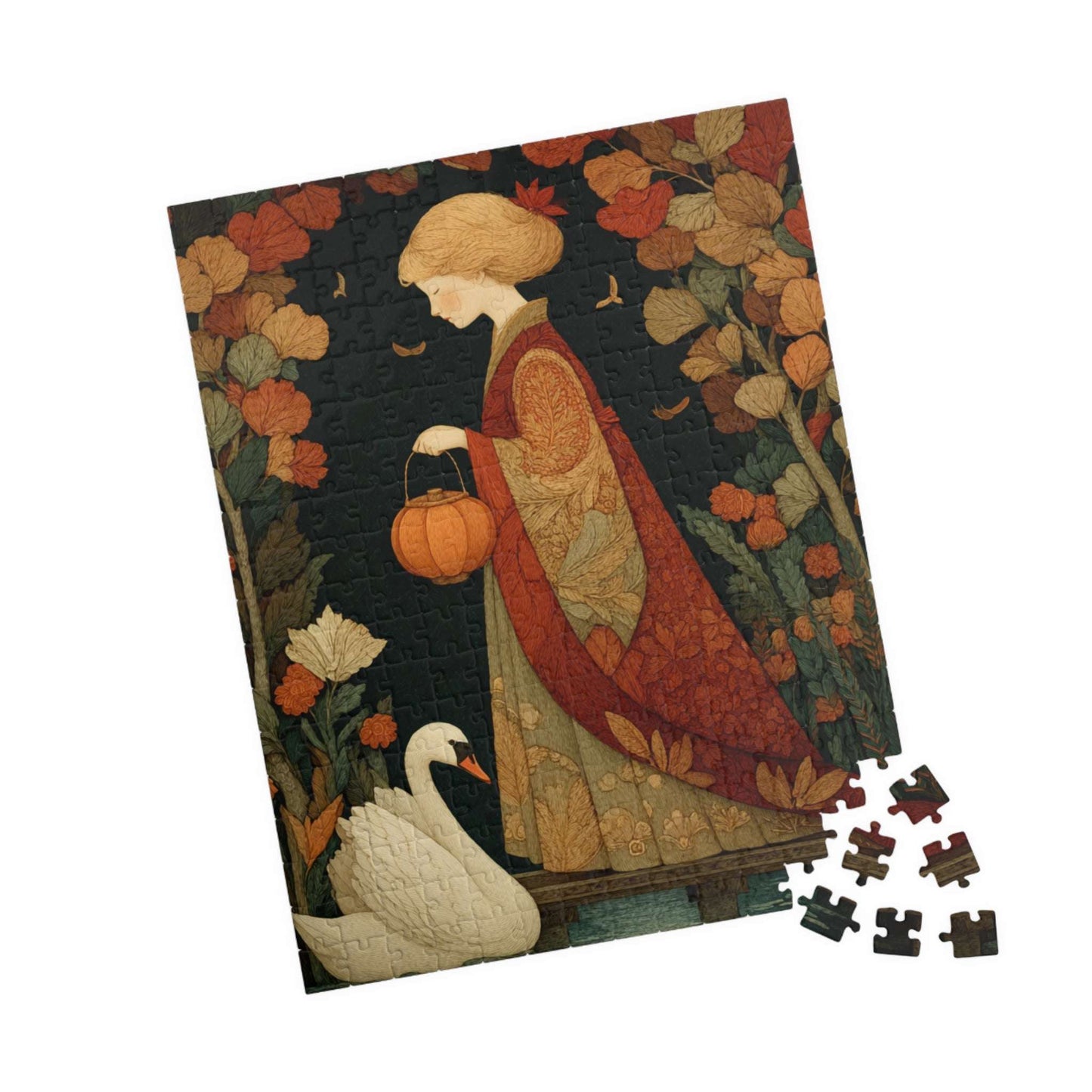 Autumn Bridge Jigsaw Puzzle – Whimsical Fall Fairy-Tale Puzzle for Adults, Girl with Lantern and Swan 252 pcs (Vertical) Puzzle The Puzzle Chest