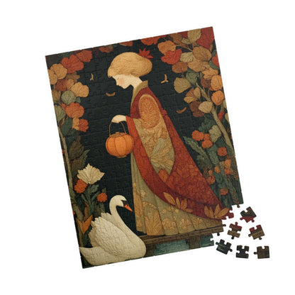 Autumn Bridge Jigsaw Puzzle – Whimsical Fall Fairy-Tale Puzzle for Adults, Girl with Lantern and Swan 252 pcs (Vertical) Puzzle The Puzzle Chest