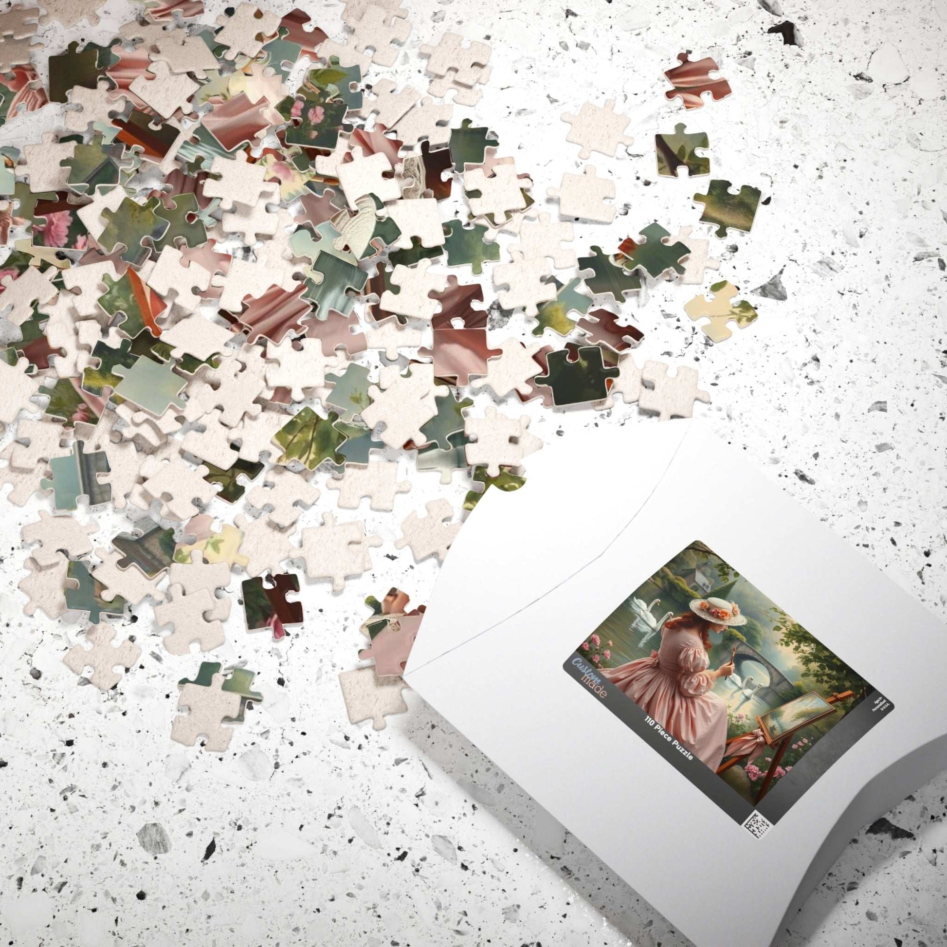 Romantic Lake Painting Jigsaw Puzzle - Victorian Woman, Swans, Stone Bridge & Blossoms, Vintage Style Gift for Art Lover Puzzle The Puzzle Chest