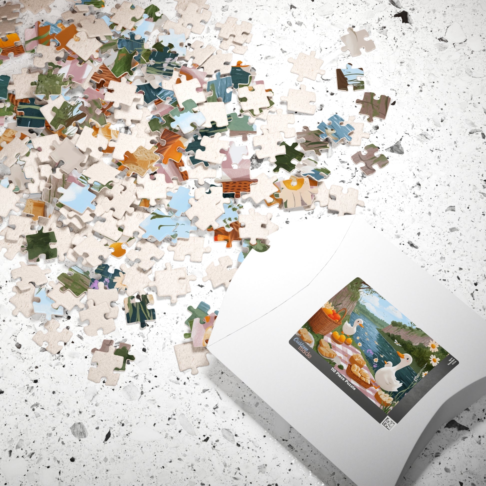 Duck Picnic Jigsaw Puzzle | Scenic Riverbank Farm Animal Illustration Puzzle The Puzzle Chest