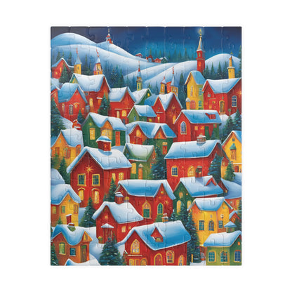 Colorful Winter Village Jigsaw Puzzle, 1000-Piece, Snow Capped Roofs, Red Green Blue Yellow, Charming Houses, Unique Art for Puzzle Lover