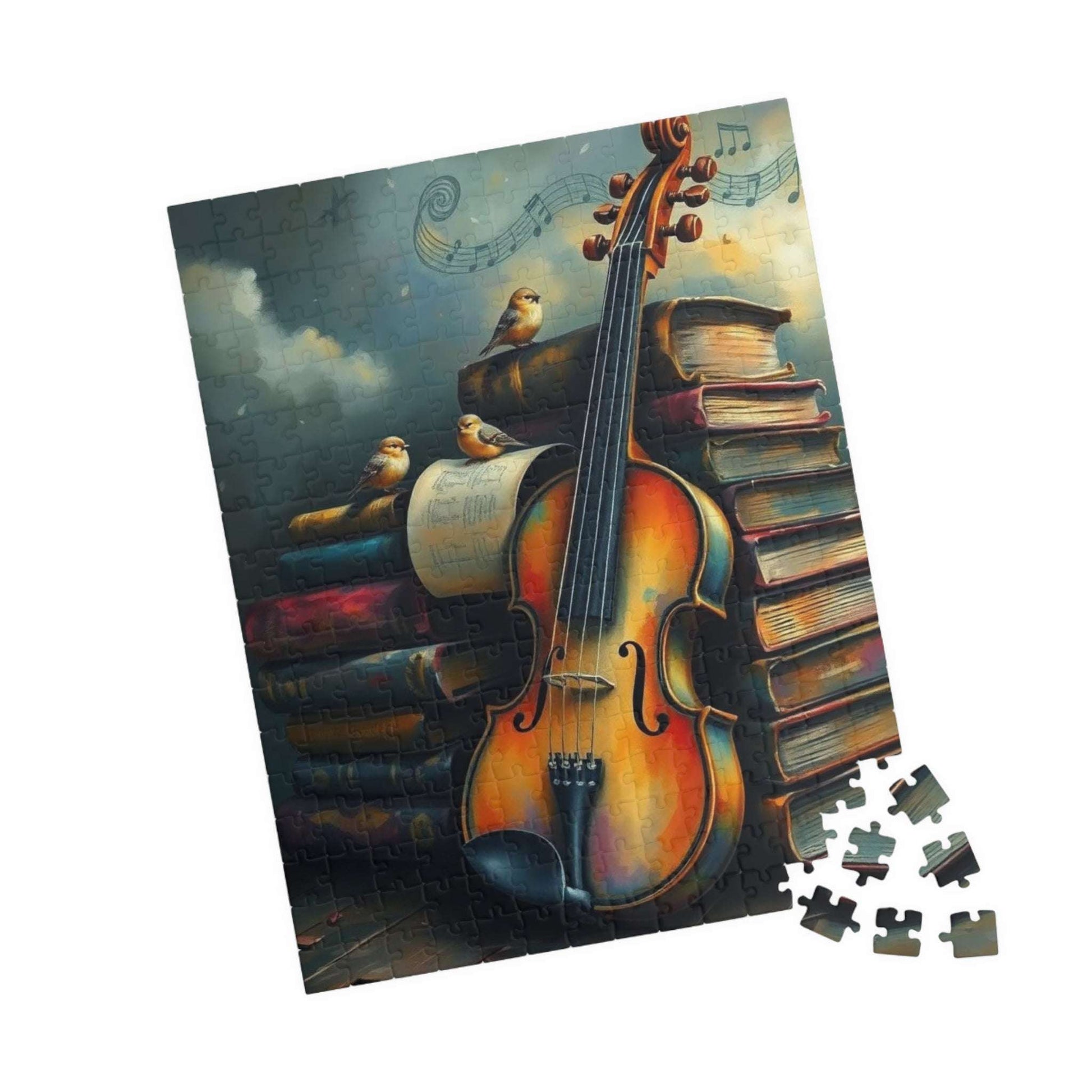 Violin and Storybooks Jigsaw Puzzle with Birds and Music Notes - Gift for Musician, Book Lover, or Teacher, Musical Instrument Puzzle
