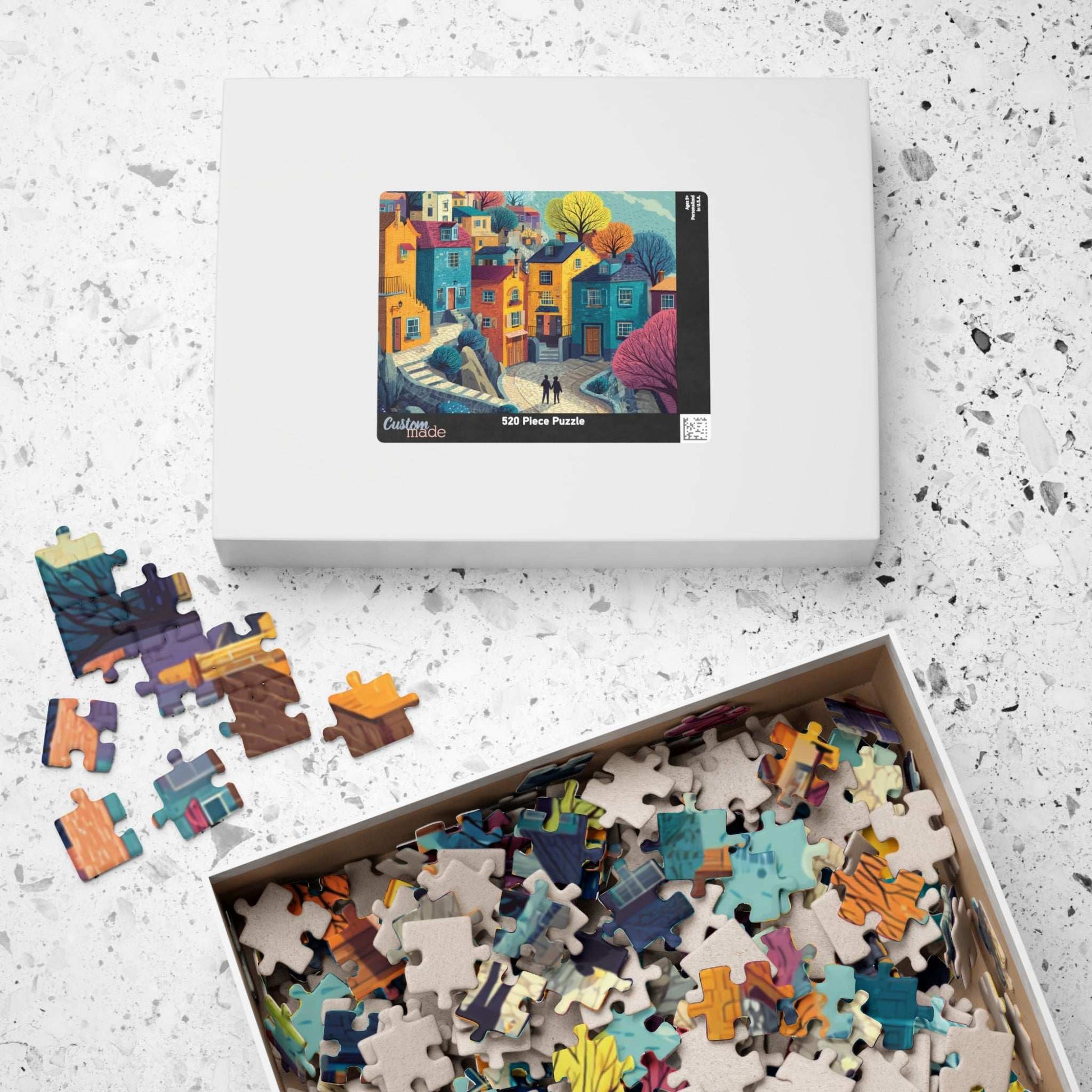 Bright Cheerful Town Jigsaw Puzzle – Artistic Houses, Winding Path, and Whimsical Neighborhood Landscape Puzzle The Puzzle Chest