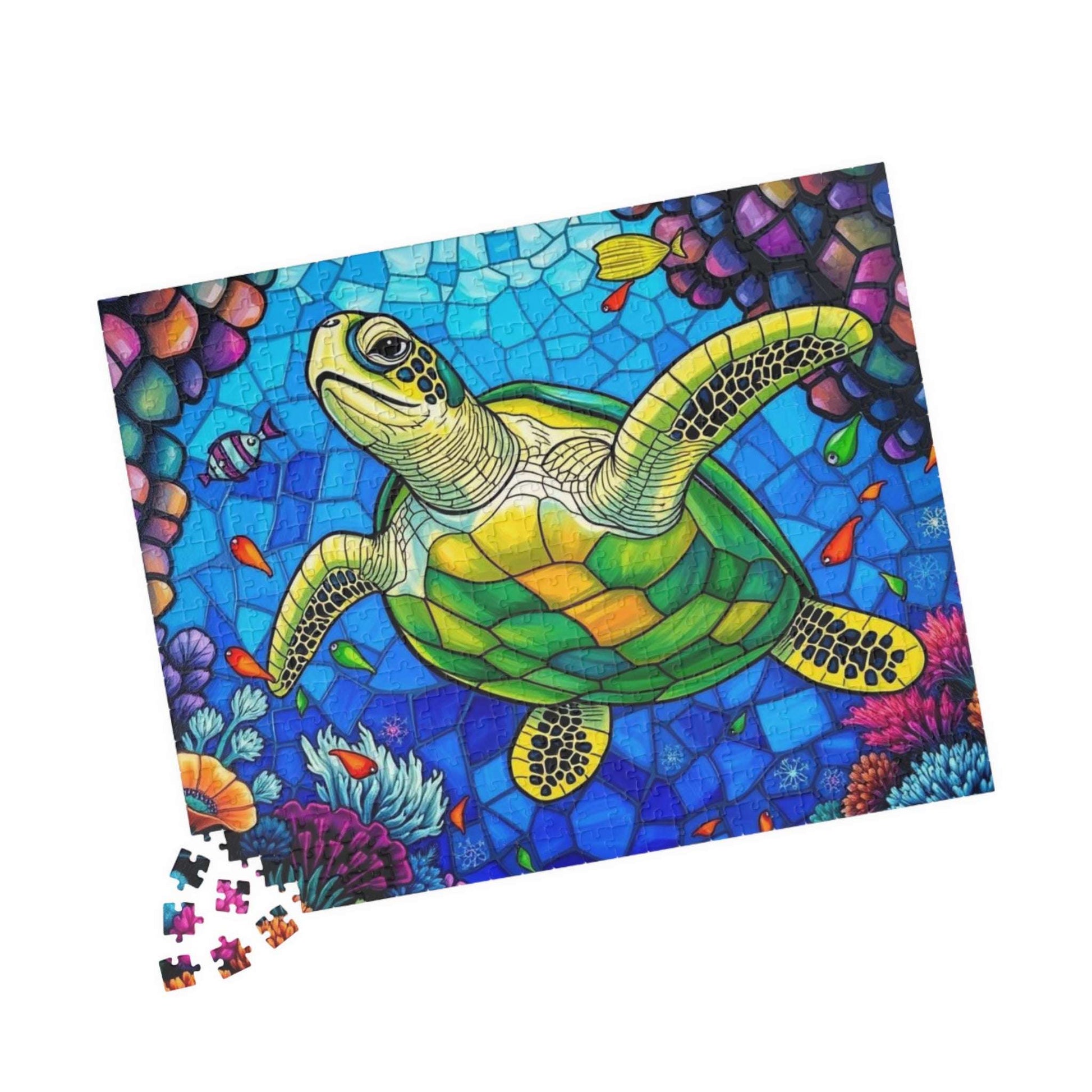 Coral Dreams Sea Turtle Puzzle - Stained Glass Style, 110-1014 Piece Ocean Themed Jigsaw for Solo Fun Family Activity, Marine Life Gift