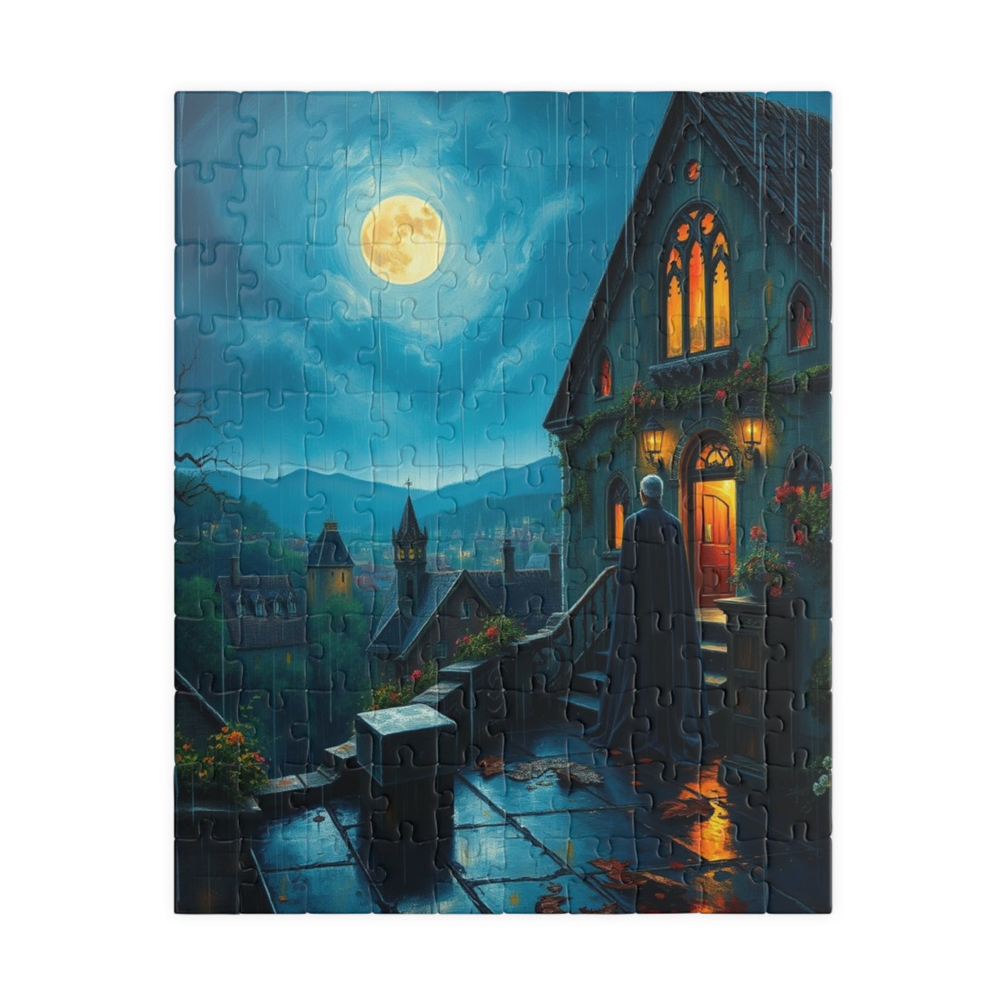 Gothic Vampire Puzzle, Rainy Night Manor Overlooking a Moonlit Village, Dark Fantasy Jigsaw Game, Gift for Lovers of Supernatural Lore 110 pcs (Vertical) Puzzle The Puzzle Chest